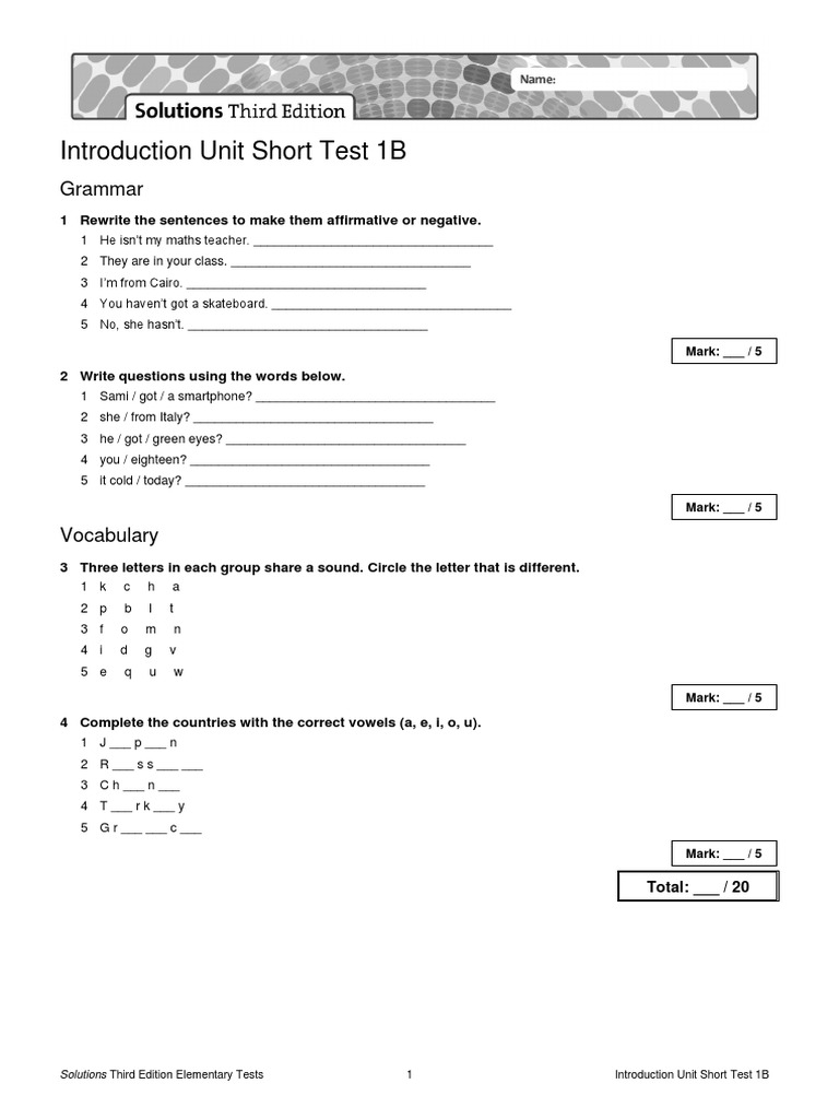Unit 1B Short Test for Solutions Elementary | PDF | Language Arts ...