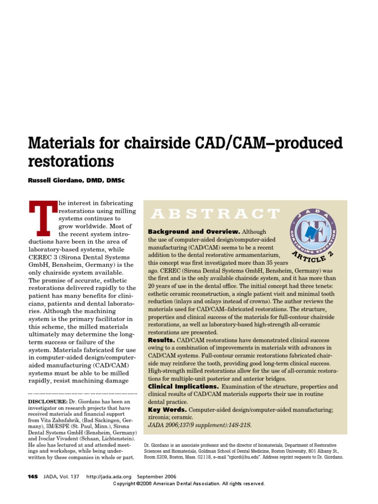Materials For Chairside CAD/CAM-produced Restorations: DISCLOSURE: Dr ...