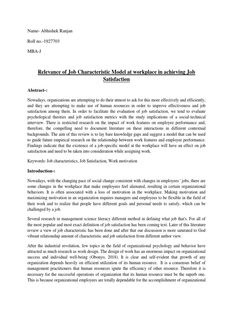 Relevance of Job Characteristic Model at Workplace and Accheiving Job ...