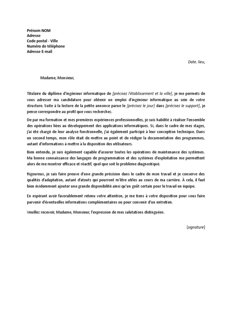 Lettre Motivation Ingenieur Informatique Debutant PDF