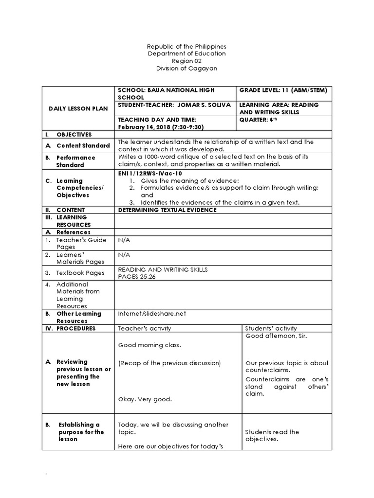 DLP FEB 14 ReadING and WritING PDF Lesson Plan Teachers