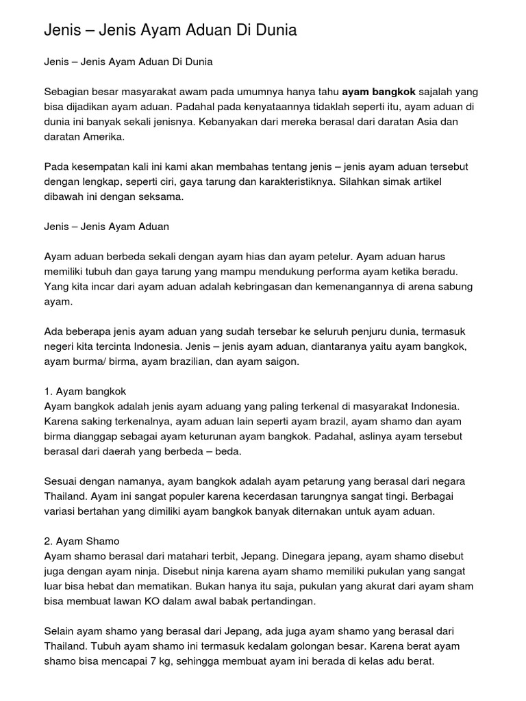 Jenis Jenis Ayam Aduan Di Dunia