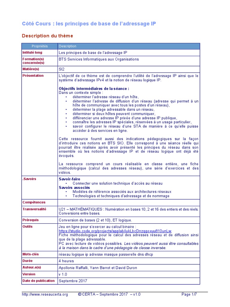 Principes de l'adressage IP en BTS SIO | PDF | Adresse IP | Système de ...