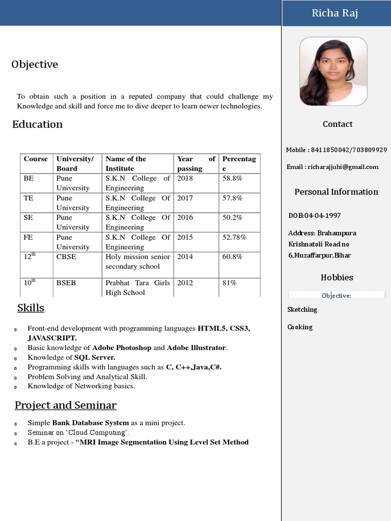 Richa Raj's Resume Seeking a Challenging Position to Further Develop ...