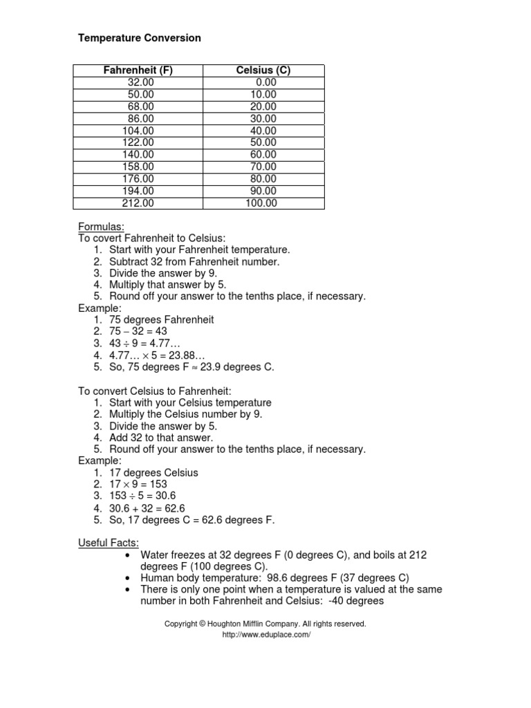 Fahrenheit (F) Celsius (C) : Temperature Conversion | PDF