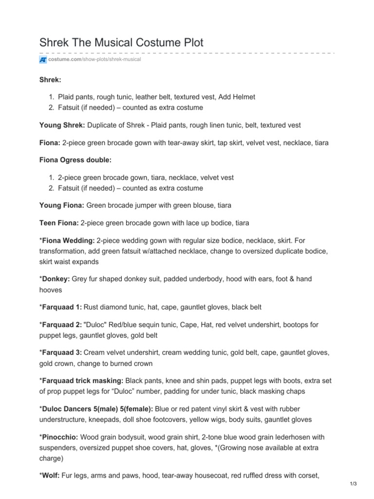 Shrek The Musical Costume Breakdown | PDF | Blouse | Dress