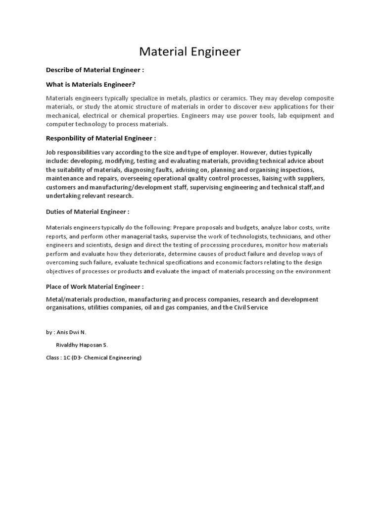 Overview of Materials Engineer Role | PDF | Art | Computers