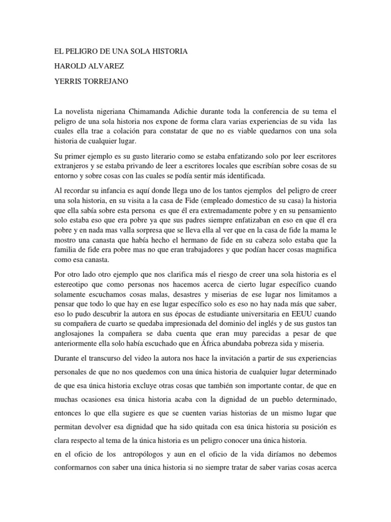 Documento1Reseña El Peligro de Una Sola Historia PDF Pobreza Pobreza e indigencia