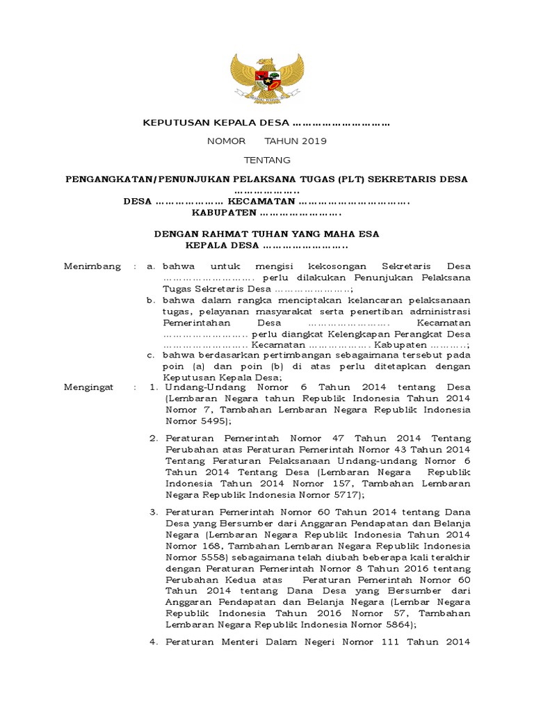 Contoh Format Sk Plt Sekretaris Desa 2019 Terbaru Doc