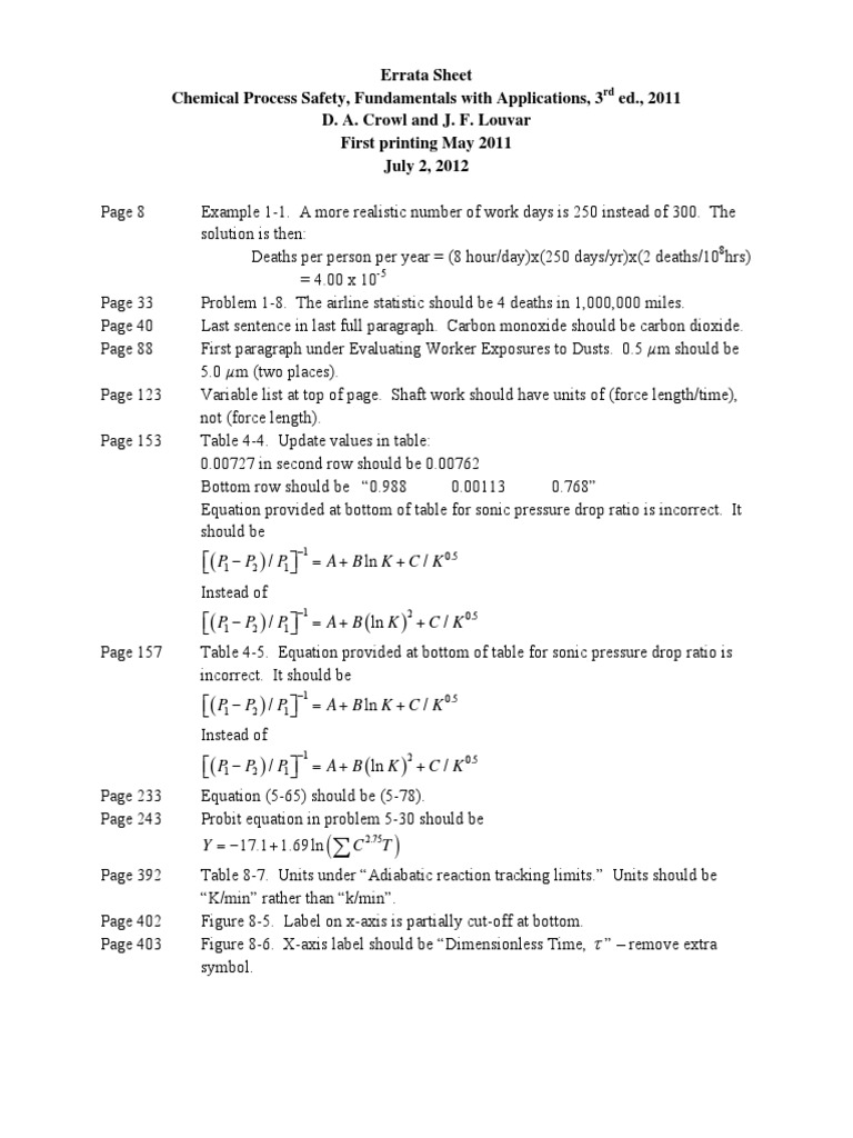 Errata Sheet Chemical Process Safety, Fundamentals With Applications, 3 ...