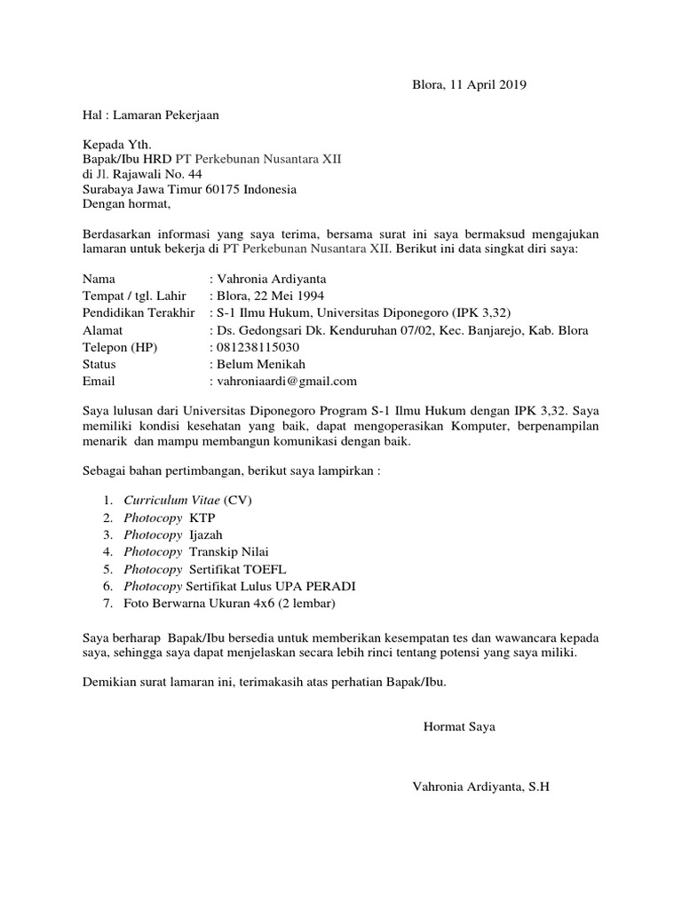 Surat Lamaran Perkebunan Nusantara | PDF