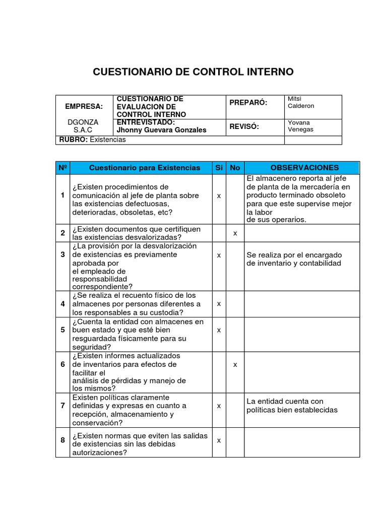 Cuestionario de Control Interno DGONZA | PDF | Auditoría | Contabilidad