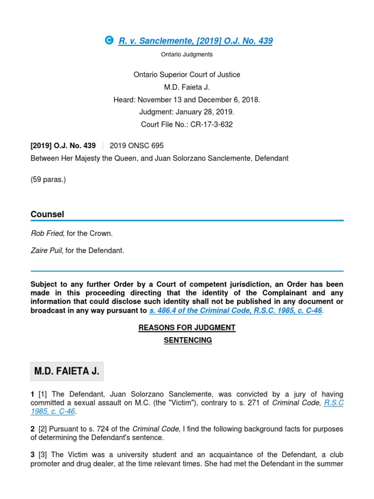 R V Sanclemente 19 O J No 439 Bail Sexual Assault