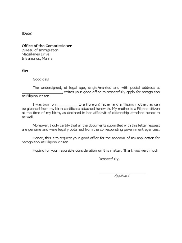 Application for recognition as a filipino citizen based on birth to a