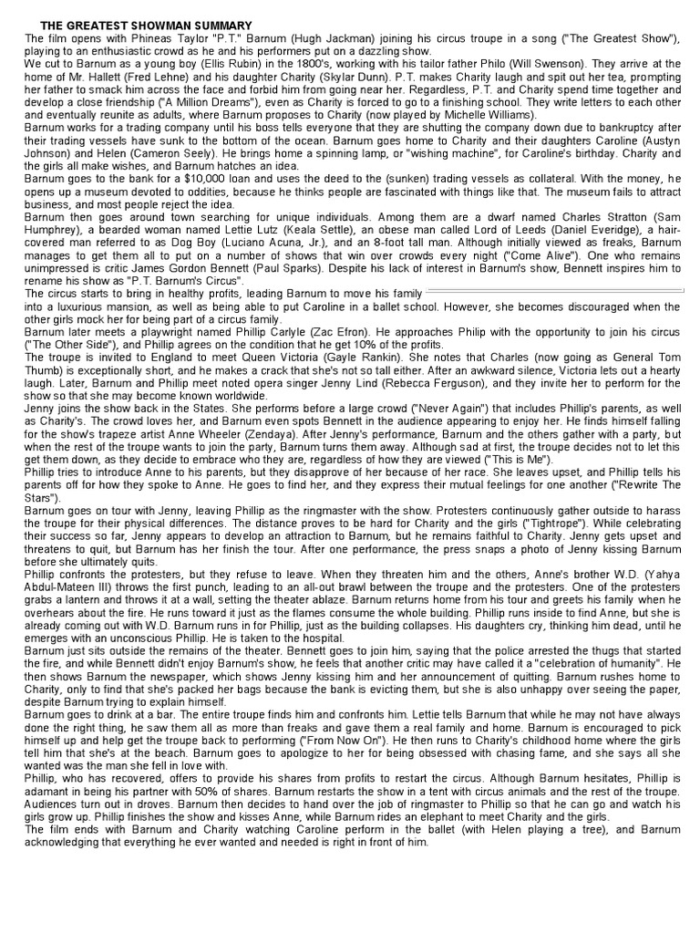 The Greatest Showman Summary | PDF | P. T. Barnum