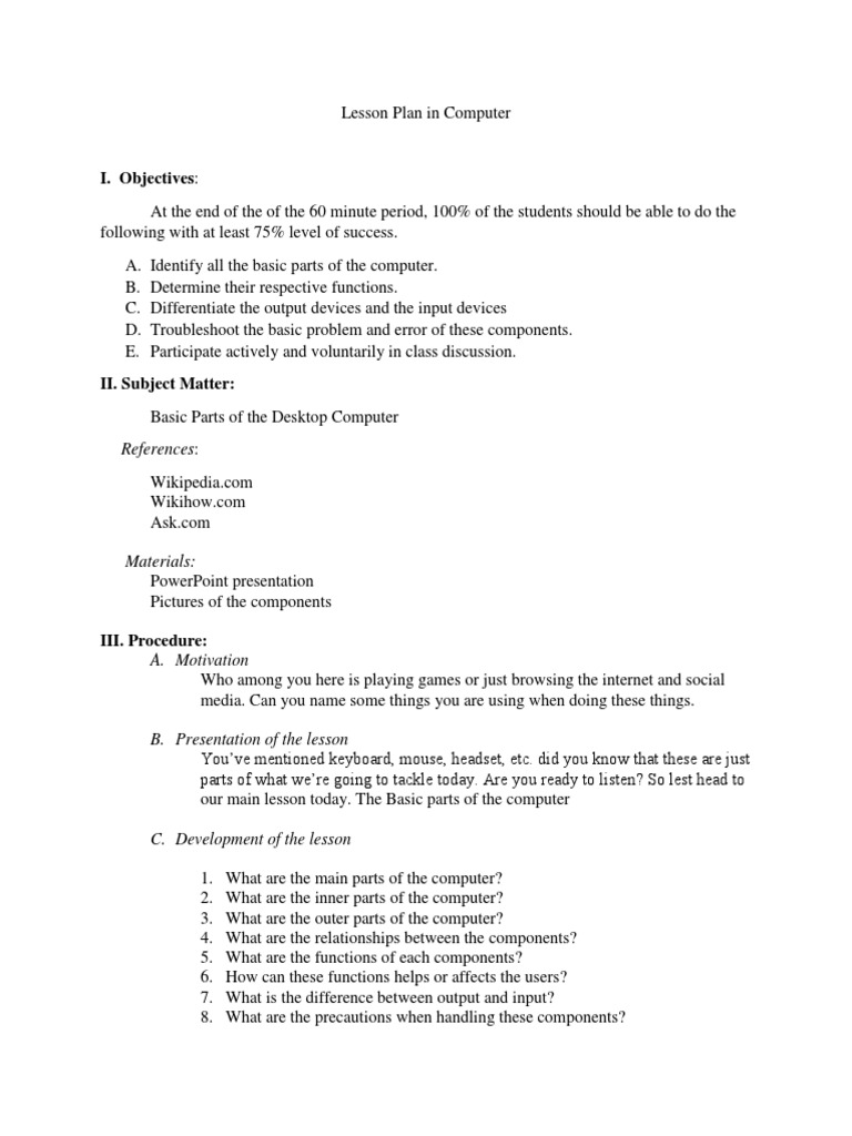 Lesson Plan in Computer | PDF | Random Access Memory | Read Only Memory