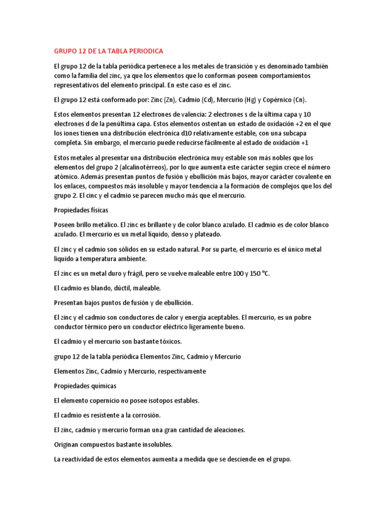 Grupo 12 de La Tabla Periodica PDF Rieles Elementos químicos