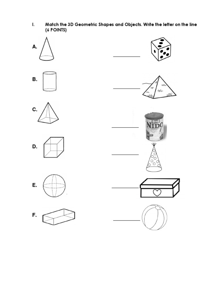 I. Match The 3D Geometric Shapes and Objects. Write The Letter On The ...