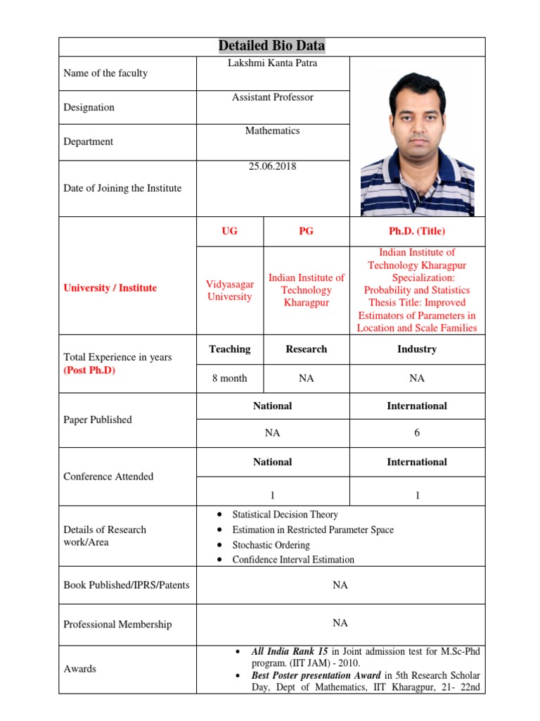 DR Lakshmi Kanta Patra Resume | PDF | Statistics | Statistical Theory