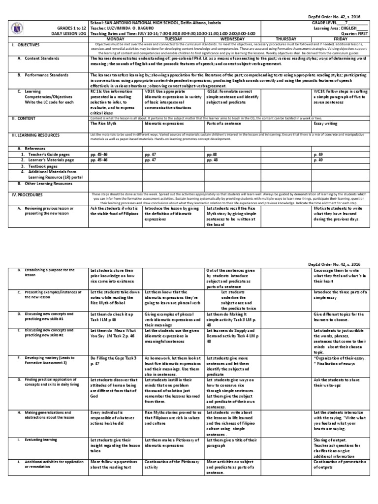 Grade 7 English Lesson Plan | PDF | Phrase | Learning