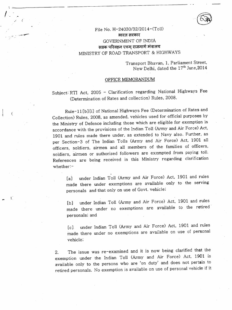 Toll-2014.06.17-Clarification For Exemption To Defence Personnel 