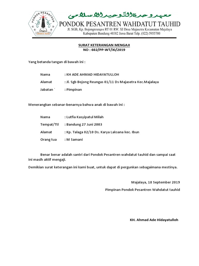 Surat Keterangan Mengaji Ponpes