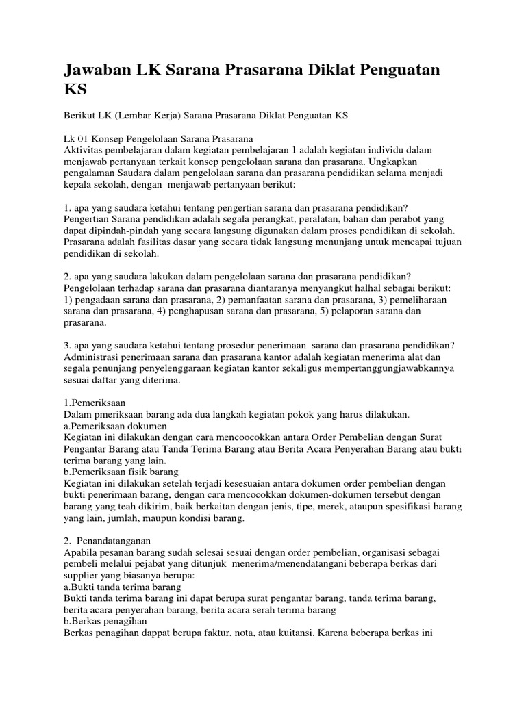 Jawaban Lk Sarana Prasarana Diklat Penguatan Ks