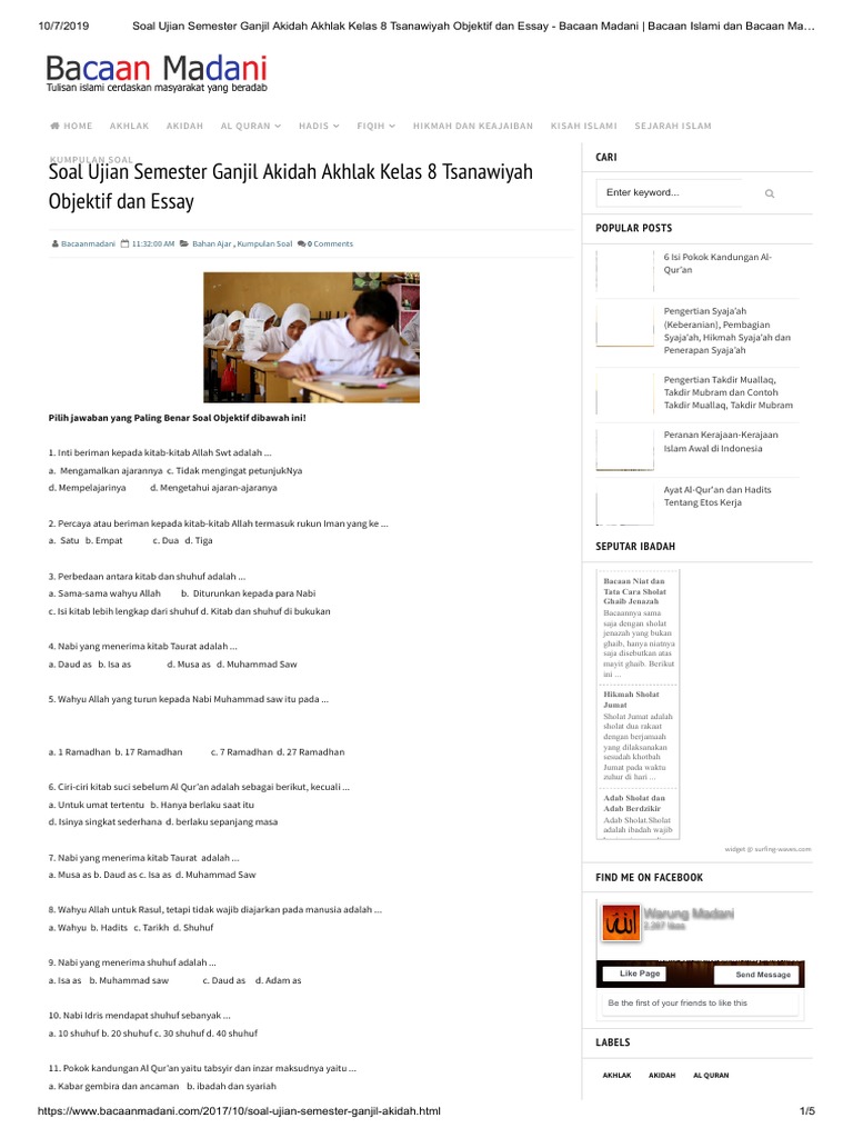 Soal Ujian Semester Ganjil Akidah Akhlak Kelas 8 Tsanawiyah Objektif Dan Essay Bacaan Madani Bacaan Islami Dan Bacaan Masyarakat Madani
