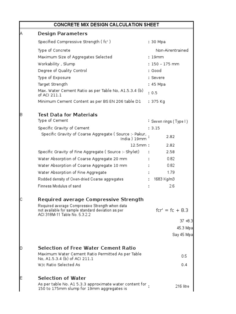 Calculation of C30 Design Mix PDF Construction Aggregate Concrete