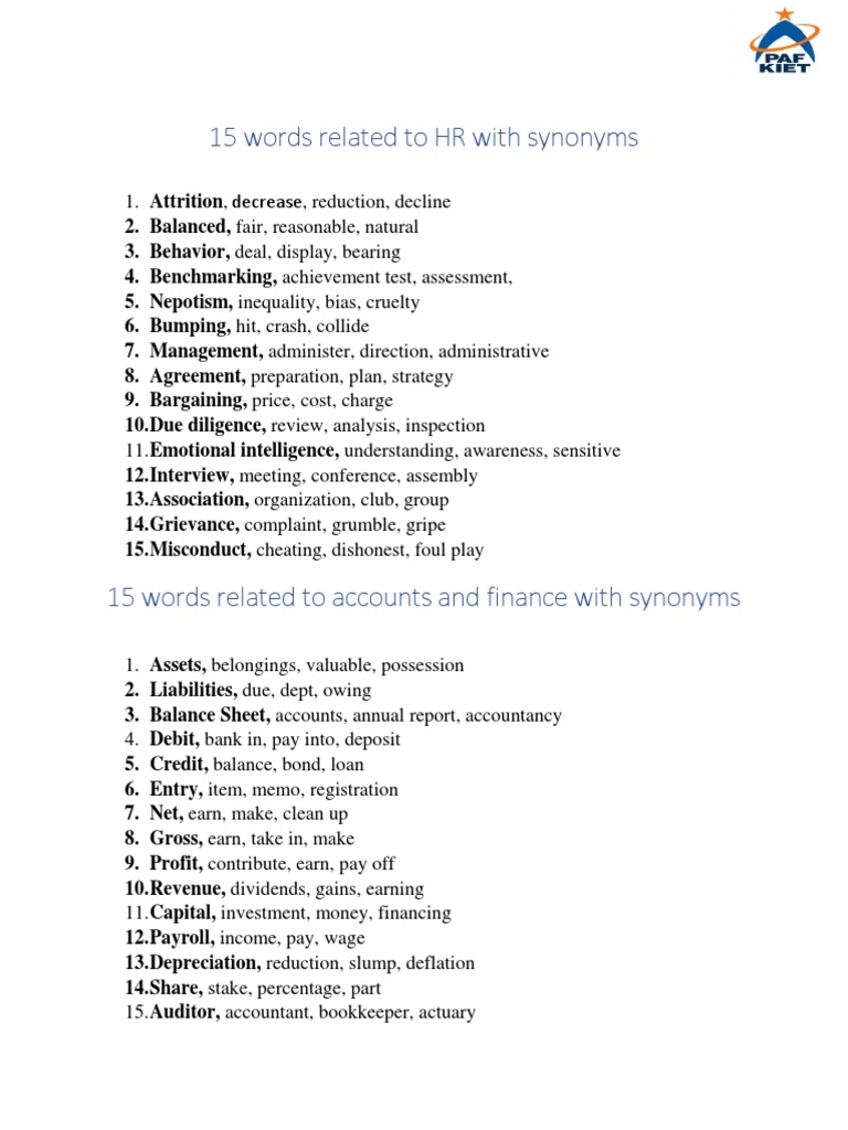 15 Words Related To HR With Synonyms | PDF | Debits And Credits | Economies