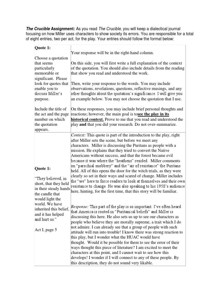 The Crucible Dialectical Journal Assignment and Template 2 | PDF
