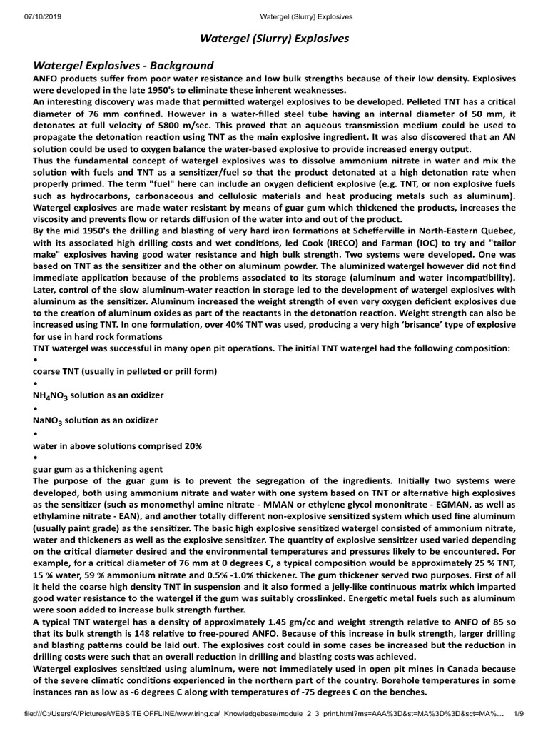 Watergel Explosives Overview and Benefits | PDF | Water | Chemistry