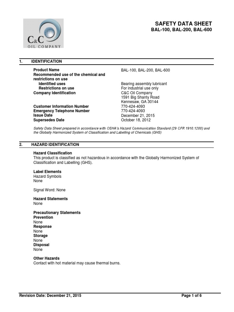 Safety Data Sheet Lubricant Hazards PDF Toxicity Safety