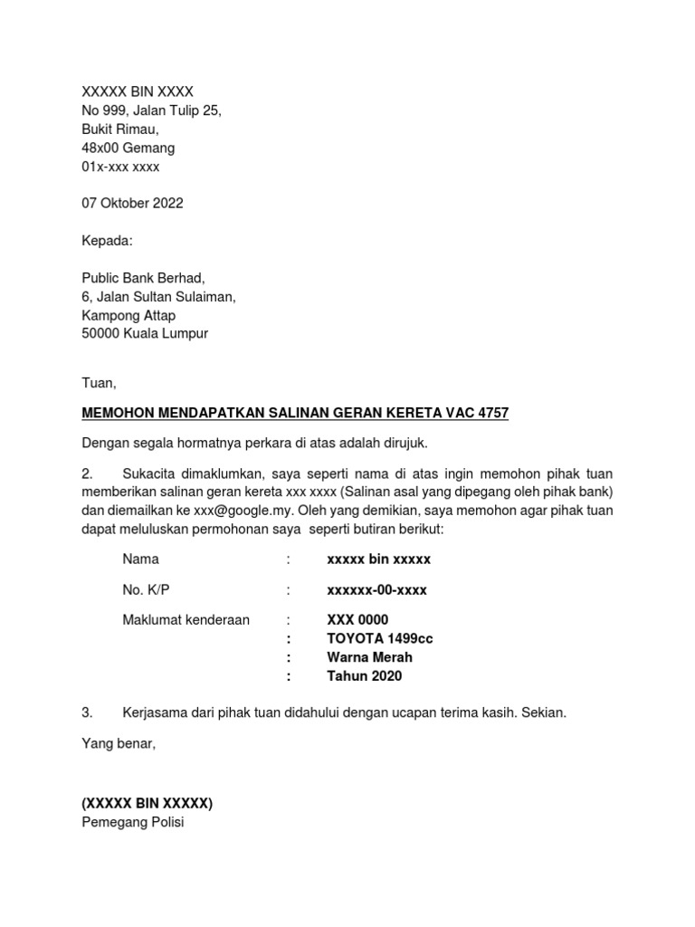 Cara Nak Minta Surat Pengesahan Penghantar Kereta Dari Bank Kalau