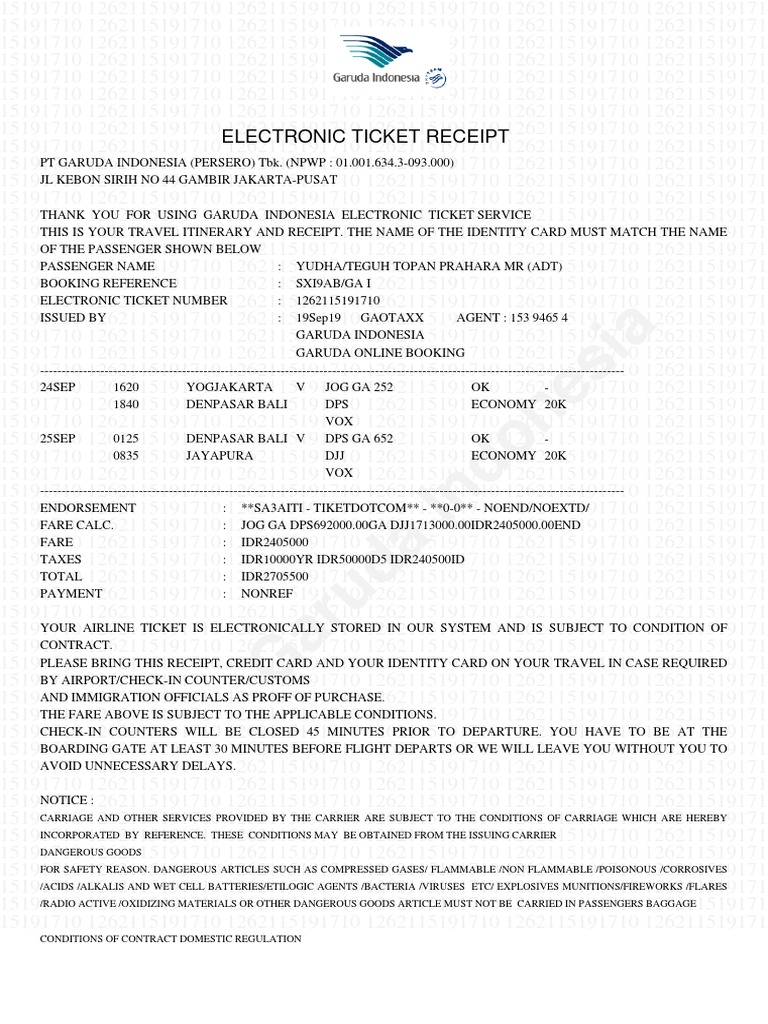 Garuda Indonesia Electronic Ticket Receipt Baggage Business