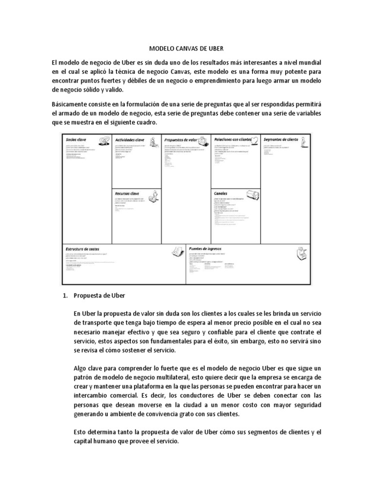 Modelo Canvas de Uber | PDF | Modelo de negocio | Taxi