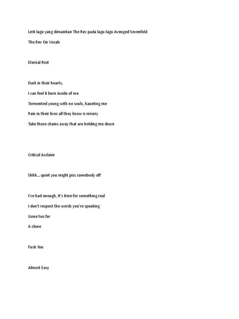 Lirik Lagu Yang Dinyanyikan The Rev