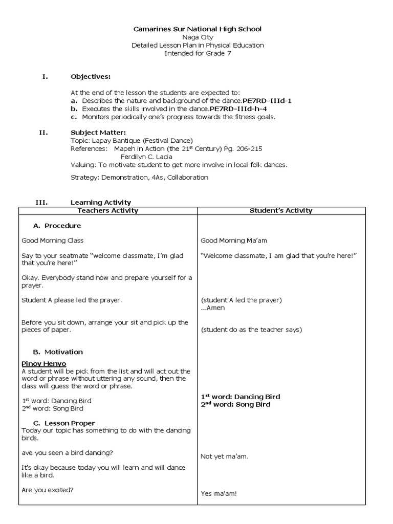 Grade 7 Dance Lesson Plan: Lapay Bantique | PDF | Lesson Plan | Dances