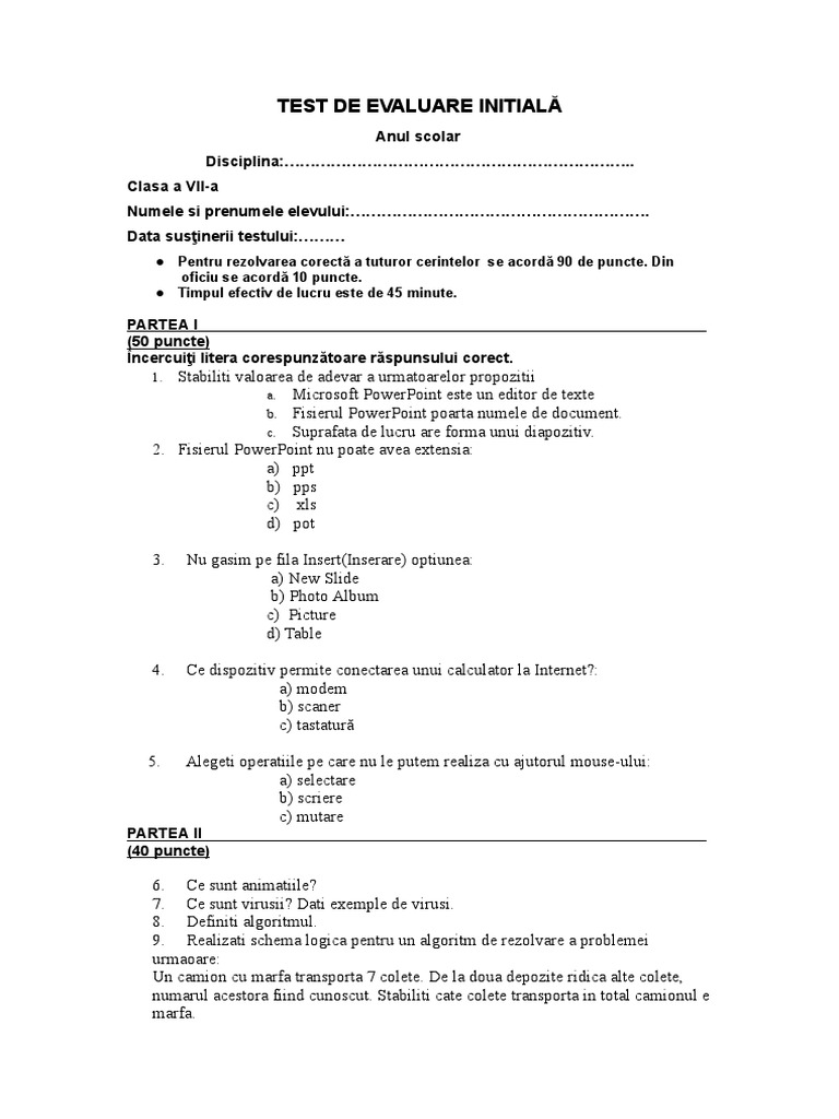 Test de Evaluare Initială 7 | PDF