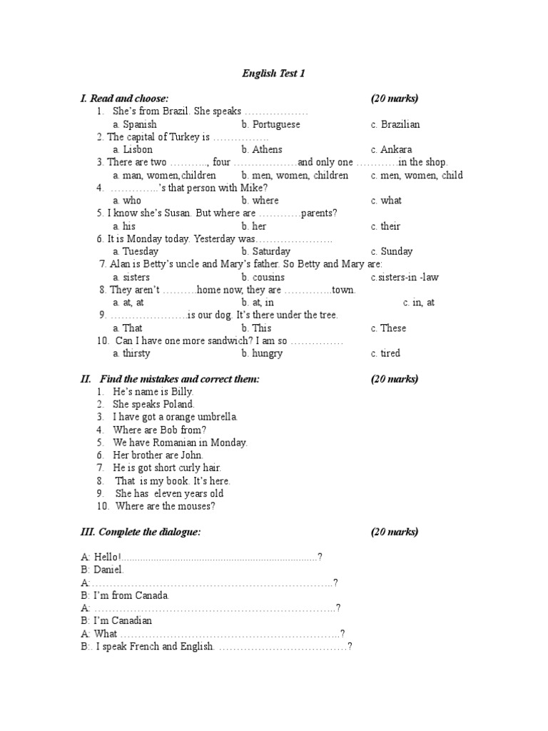 English Language Test for Beginners | PDF