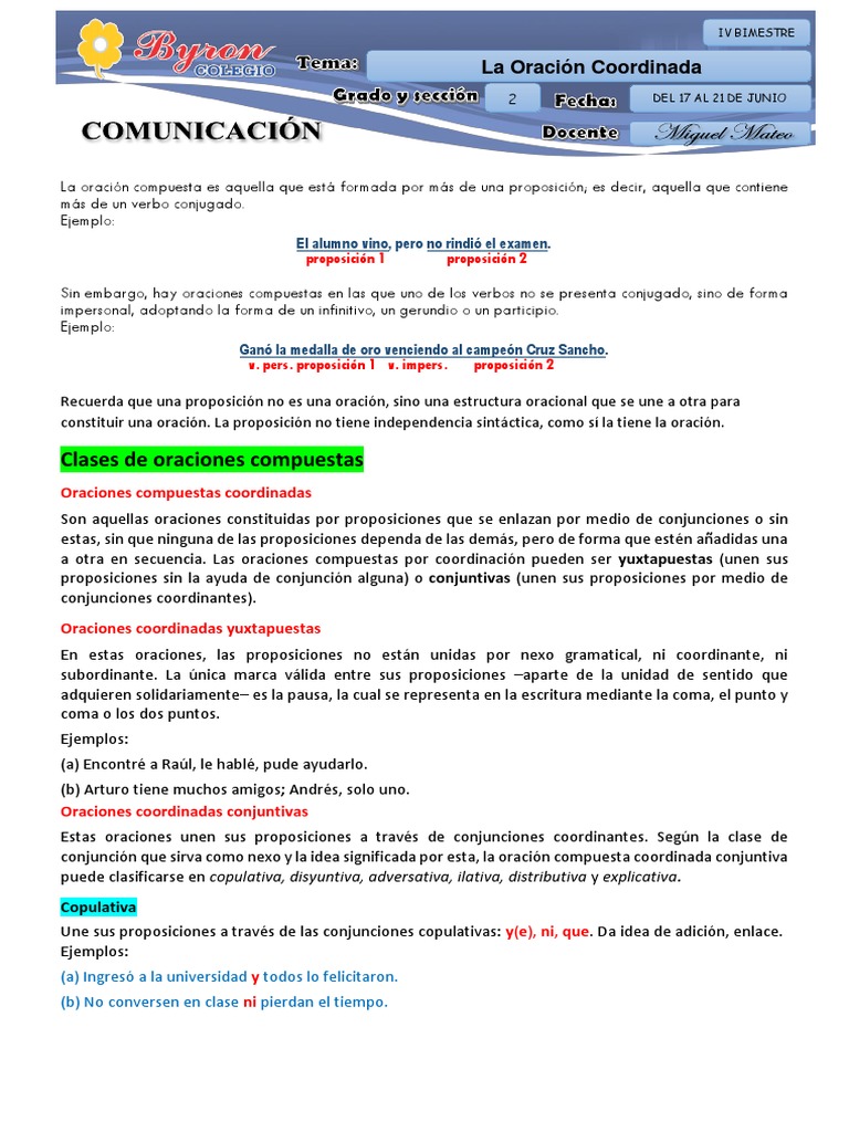 Tipos de Oraciones Coordinadas | PDF | Oración (Lingüística) | Unidades ...