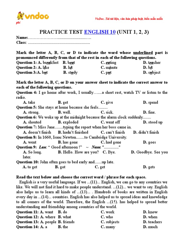 Bai Tap Tieng Anh Lop 10 Thi Diem Unit 1 2 3 | PDF | Family