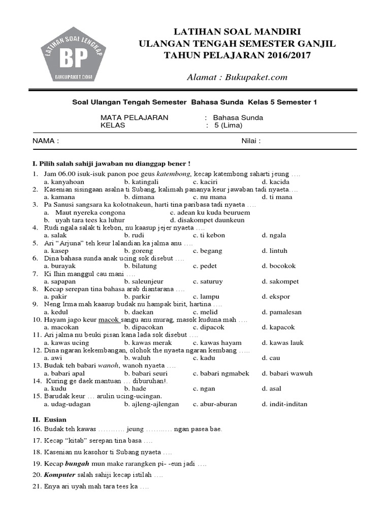 Soal Uts Bahasa Sunda Kelas 5 Sd Semester 1