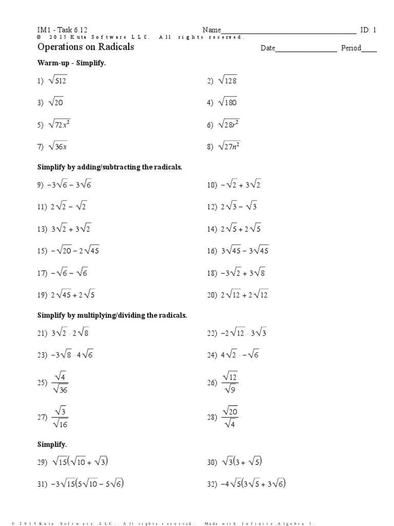 20.20 Operations On Radicals (A.RN.20, Practice) PDF  PDF Throughout Operations With Radicals Worksheet