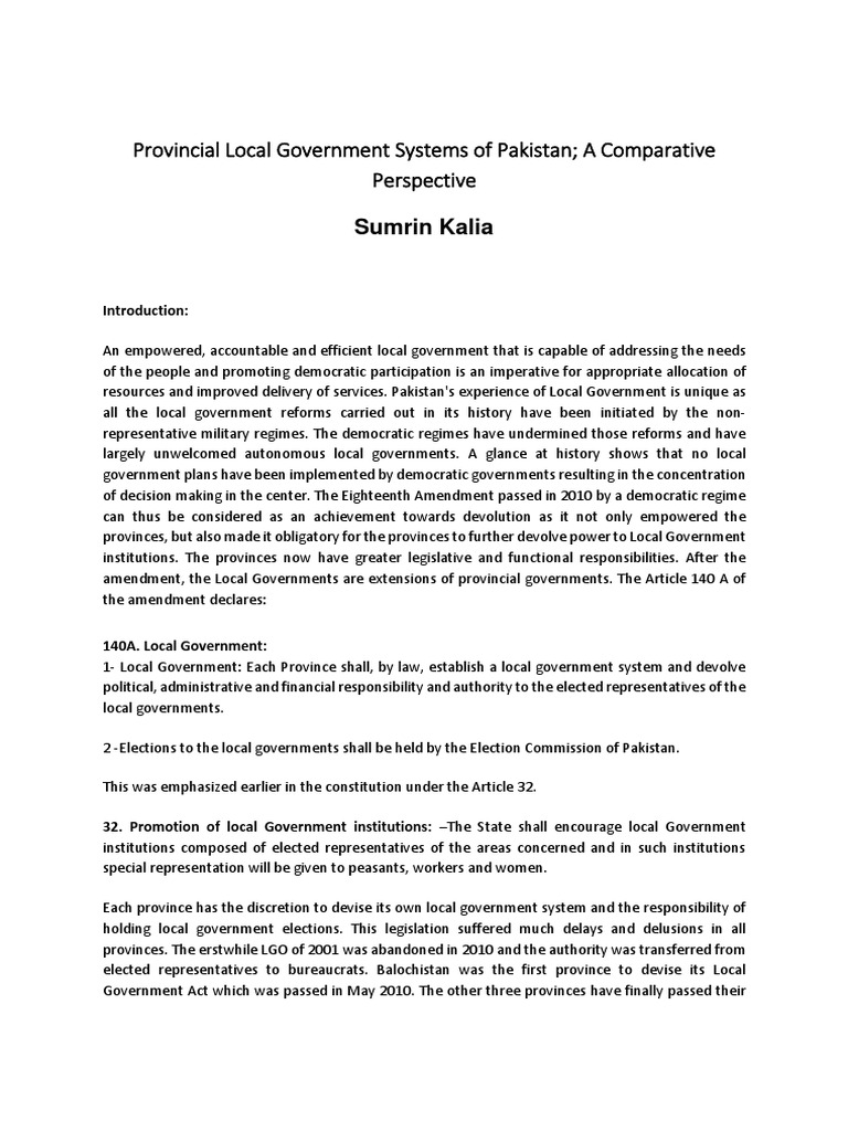 Comparative Local Government in Pakistan | PDF | Devolution | Local ...