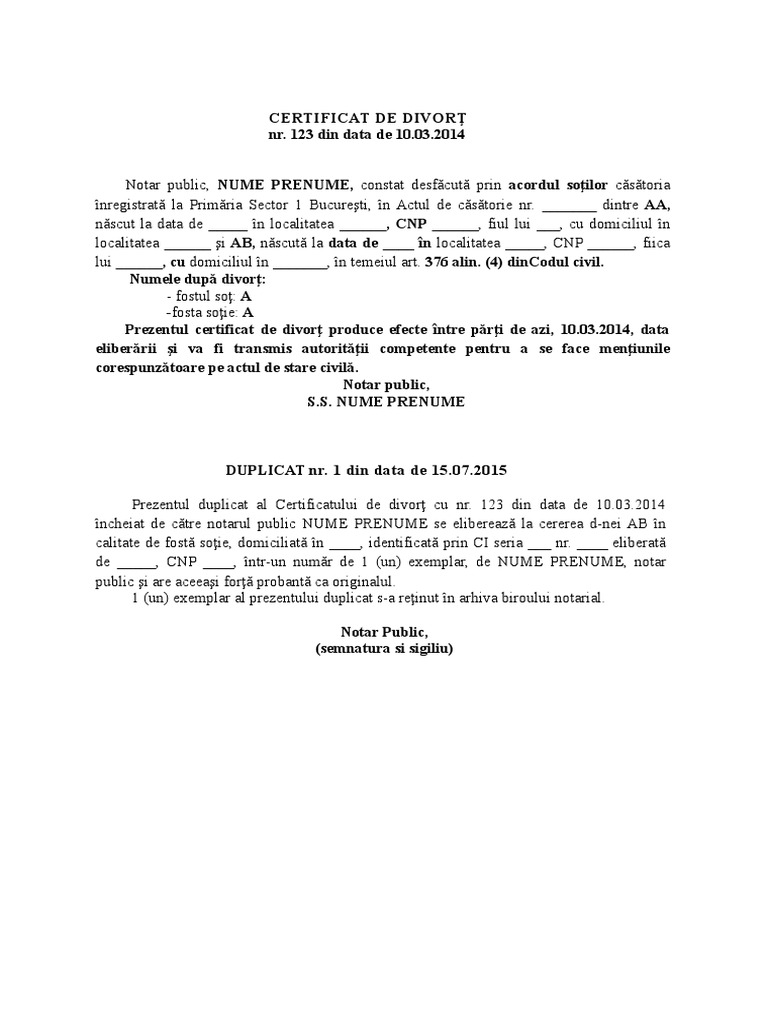 Duplicat Certificat Divort | PDF