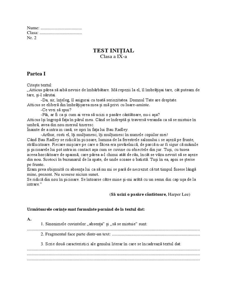 Test Initial Clasa A Ix A, NR 2 + Barem | PDF