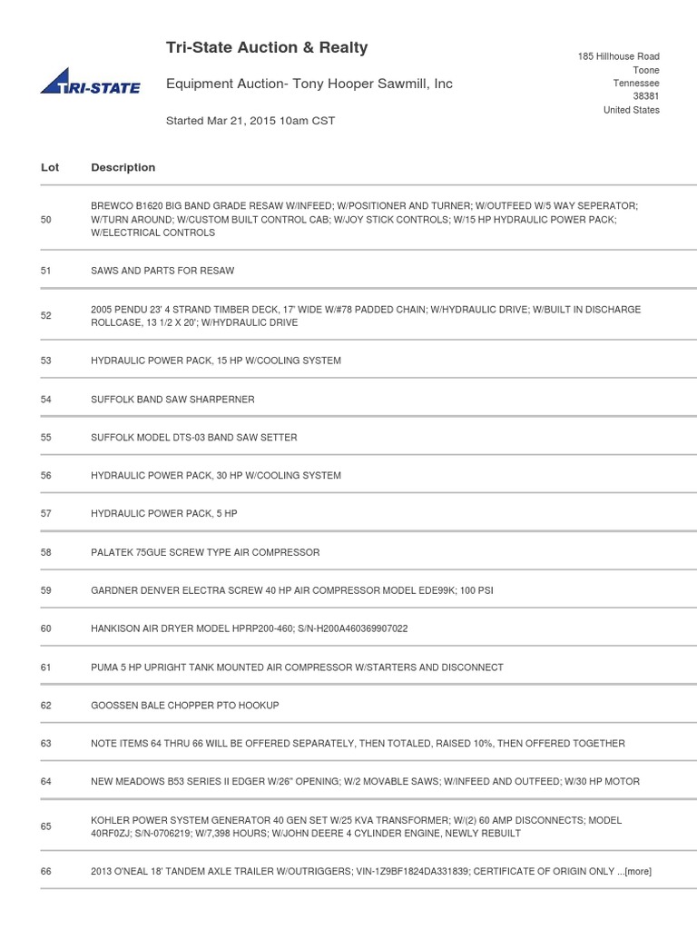 TriState Auction & Realty Equipment AuctionTony Hooper Sawmill, Inc