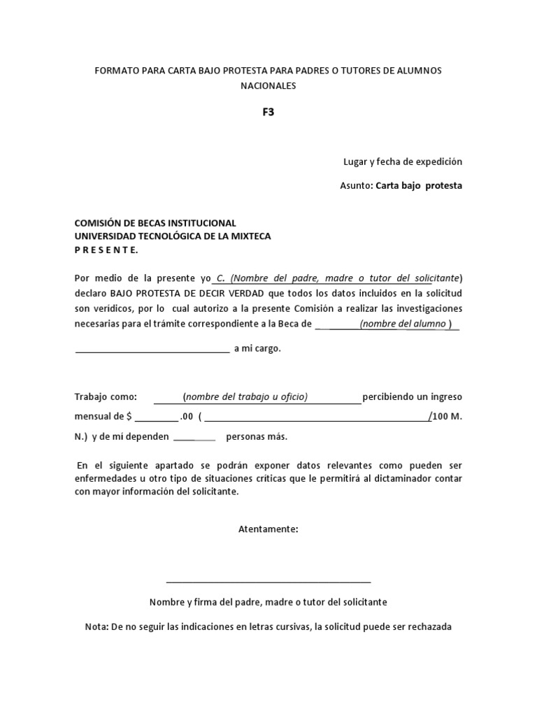 Formato de Carta Bajo Protesta para Becas | PDF