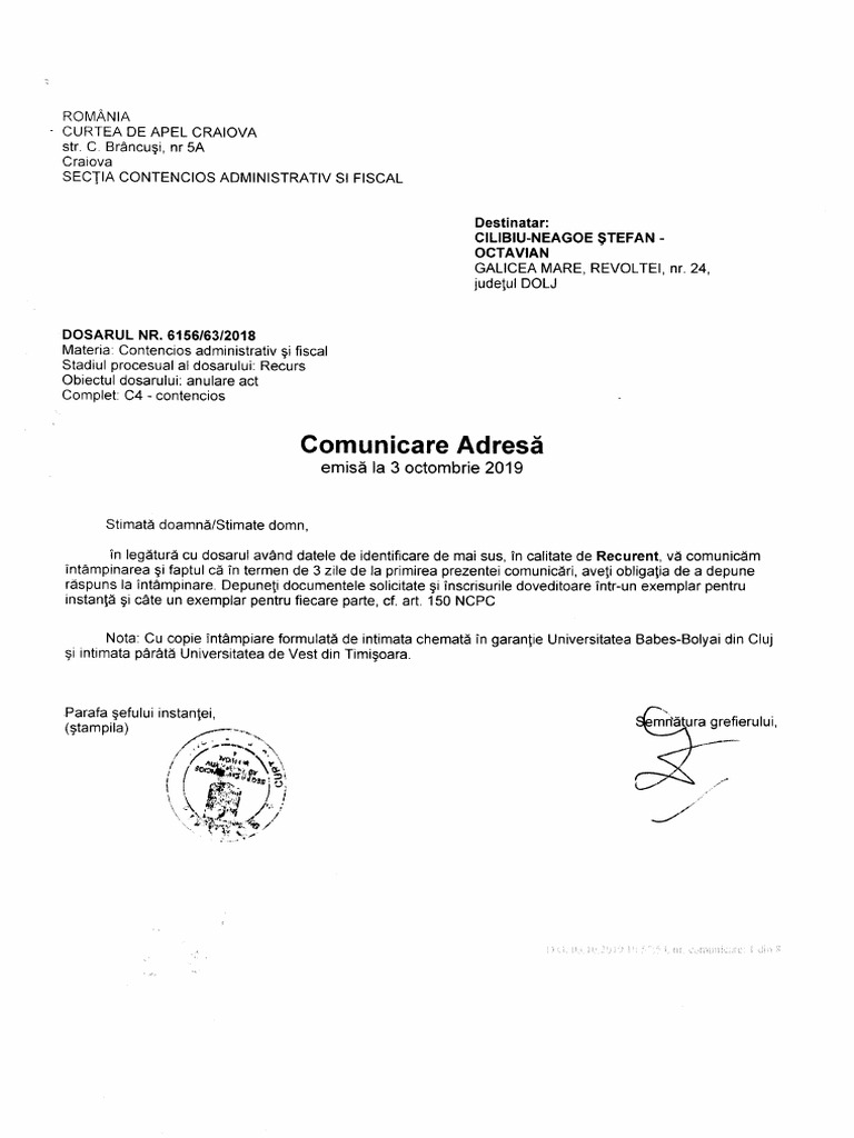 Intampinare Recurs Dosar Nr 6156 63 2018
